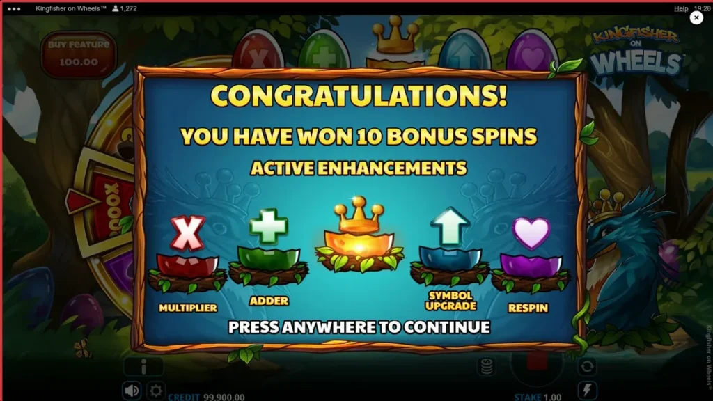 Kingfisher on Wheels slot machine display with nature theme
