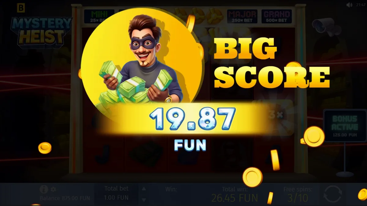 Tampilan visual slot Mystery Heist dengan tema brankas dan perampokan